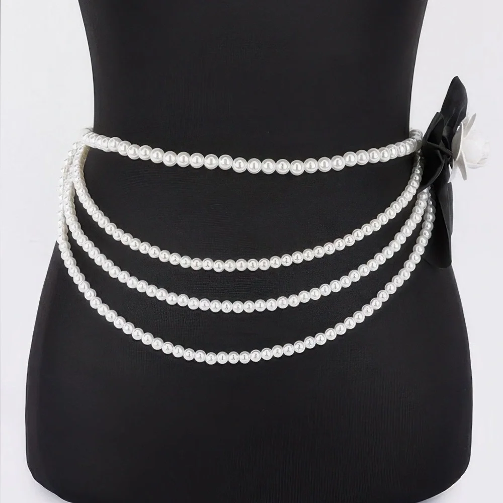 Layered Faux Pearl Flower Ribbon Belt